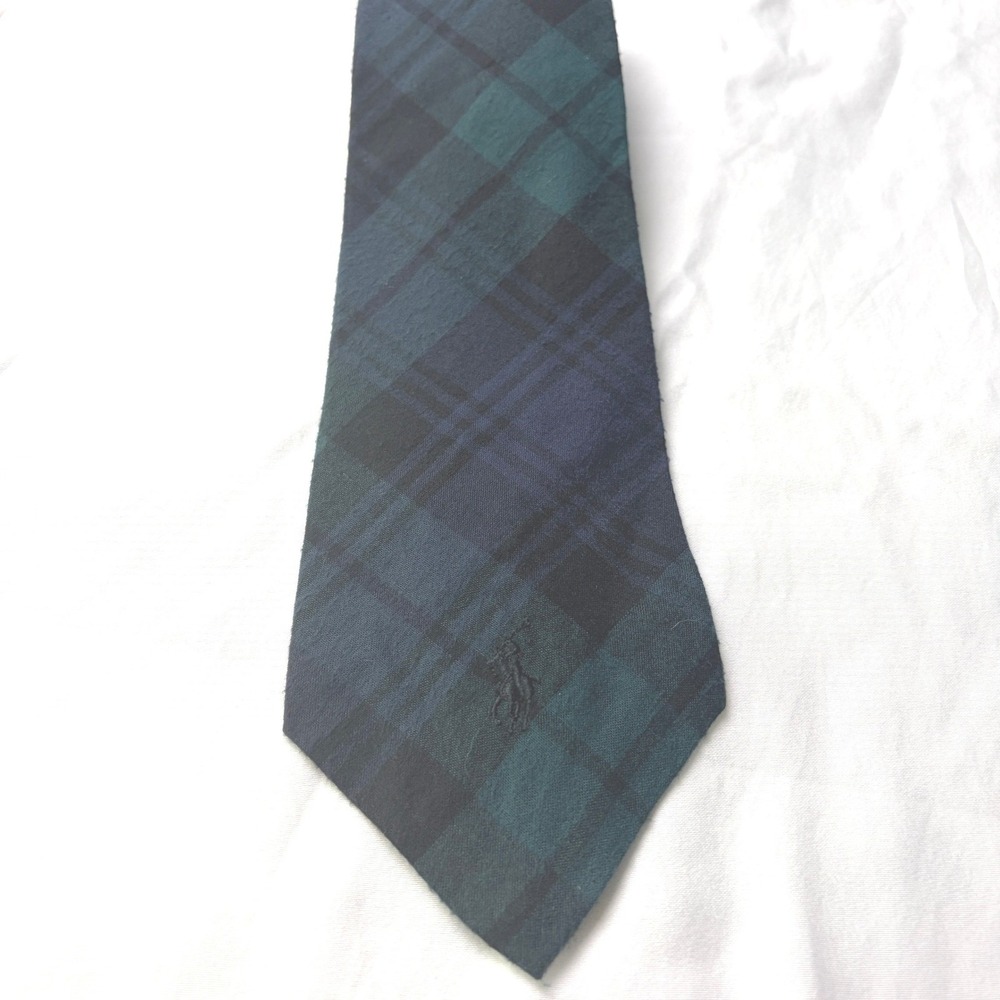 Polo Ralph Lauren Necktie One Size Green Navy Black Watch Plaid Tartan Tie - Picture 4 of 6